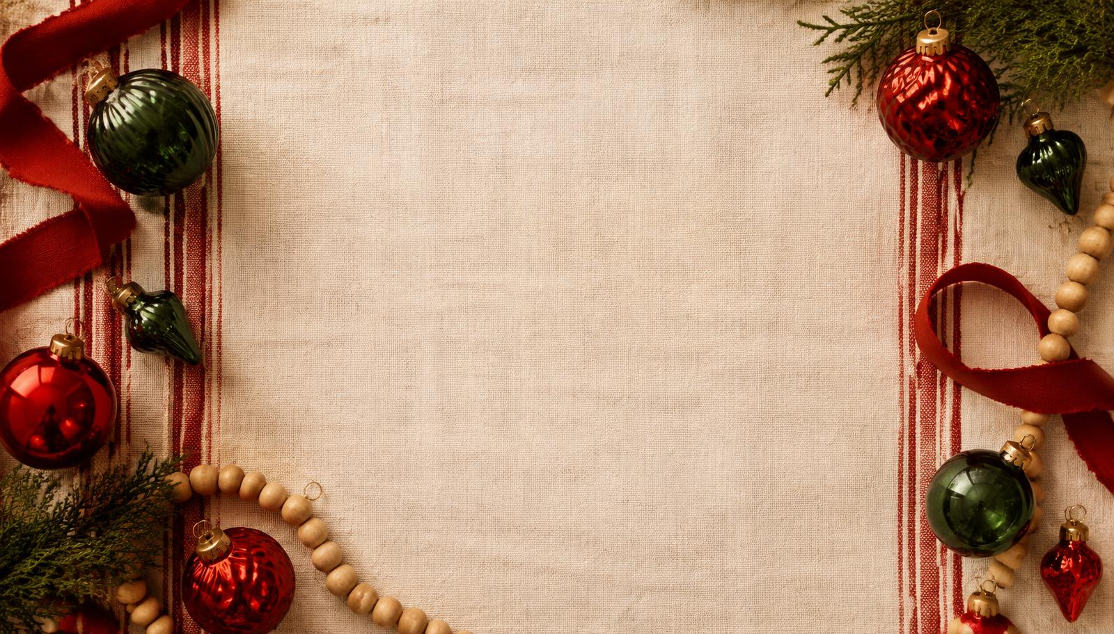 Vintage Christmas ornaments on striped linen